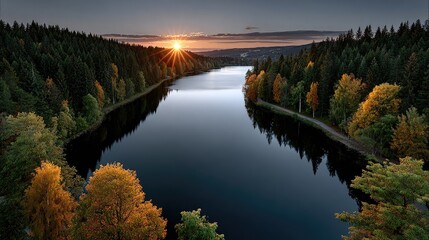 Autumn equinox at sunrise shows the balance of day and night over a lake with forests reflecting vibrant colors and a starry sky