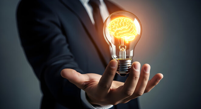 Businessman holding a glowing light bulb with a human brain inside representing innovation and creative strategy for corporate development