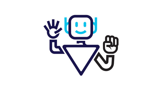 Friendly waving robot character line art illustration.