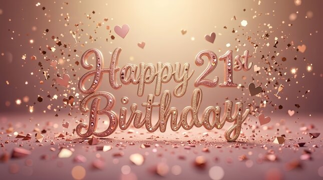 Happy 21st birthday rose gold text sign with floating glitter hearts and shimmering metallic confetti on soft background