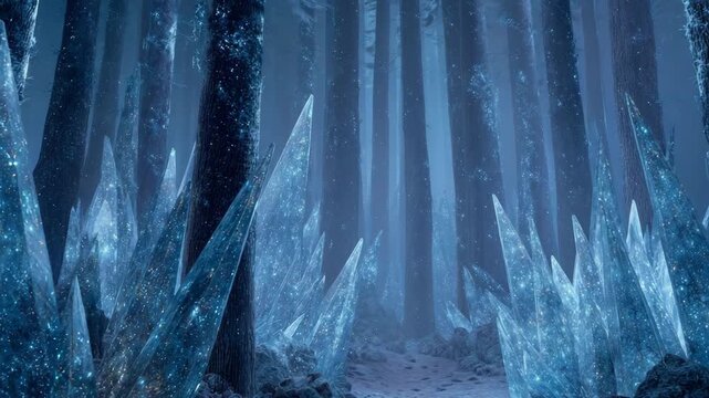 Deep forest of crystalline trunks and luminous fog, original environment, sharp focus, realistic ambient lighting