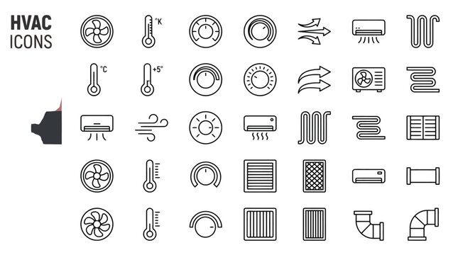 HVAC icons set in thin line style, air conditioning and ventilation vector symbols, heating and cooling system equipment icons for maintenance services