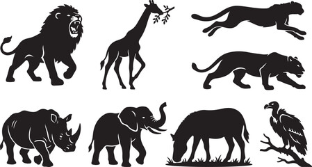 Set of black silhouettes of wild african safari animals including lion giraffe elephant and rhino © OMESA