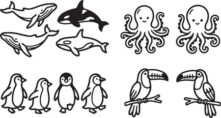 Set of cute hand drawn animal doodles including whales orcas octopuses penguins and toucan birds © OMESA