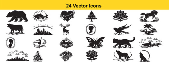 Naklejka premium Collection of twenty four black vector icons on white background