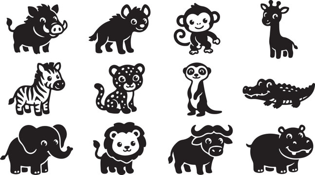 Set of cute african safari animal silhouettes for kids design