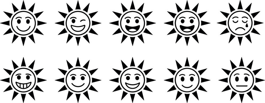 Cute sun emoji face vector illustration collection featuring various expressions like happy, smiling, winking, and sad isolated on white