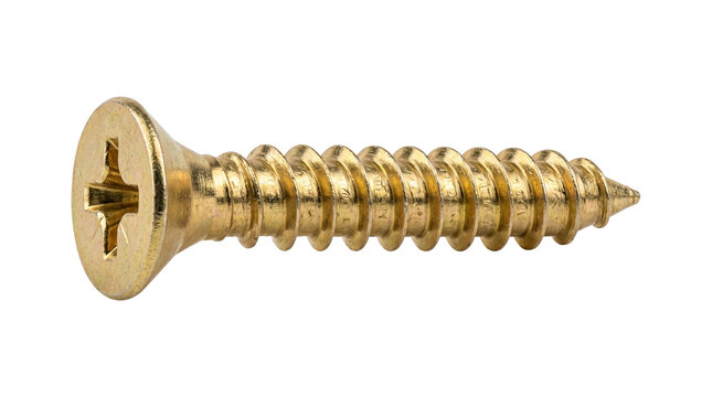 Golden metal screw with countersunk head and sharp thread lying horizontally isolated on transparent background for hardware store or construction tools.