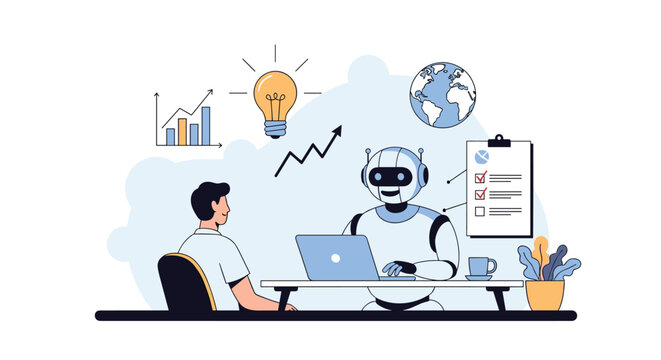 Job candidate interviewing with an artificial intelligence robot using a laptop in a modern office setup.