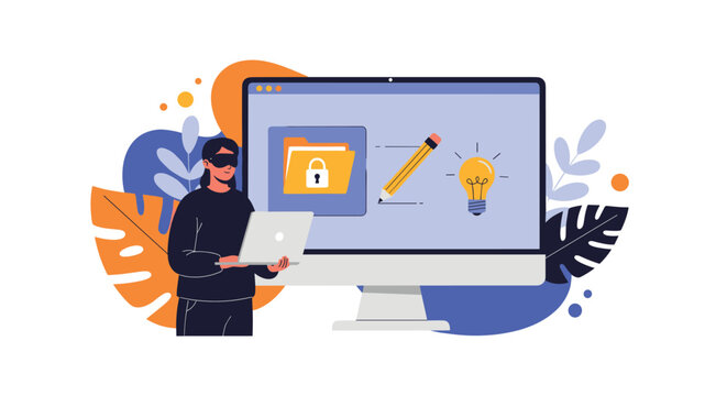 Cyber criminal in virtual reality glasses tries to steal secret data, folders, and creative ideas on a screen.