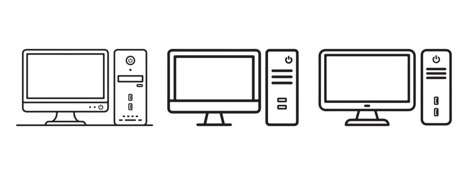 Set of three minimalist desktop computer vector line icons featuring workstation monitors and CPU towers isolated on a white background