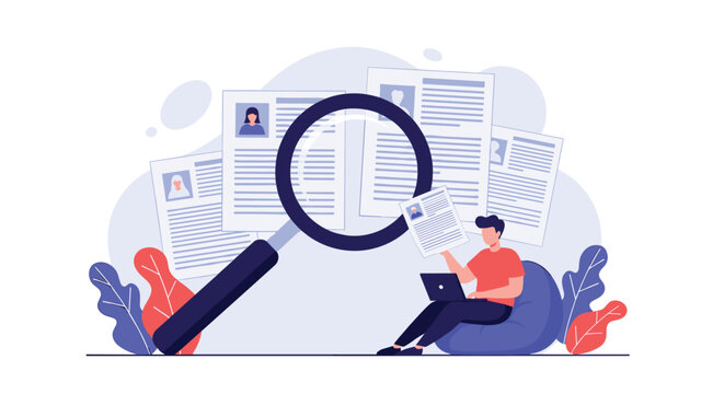 Human resources concept with a giant magnifying glass analyzing job application resumes while a recruiter works on a laptop.