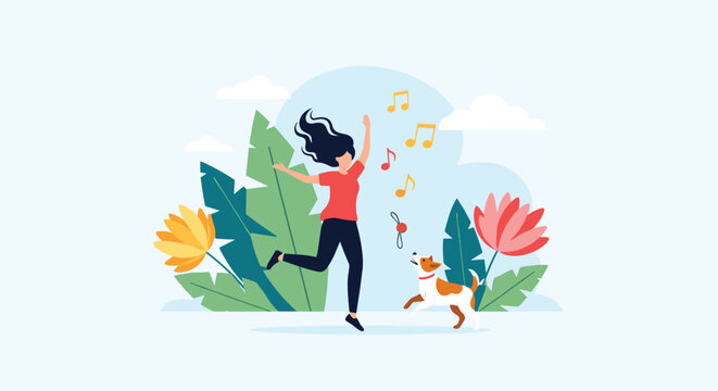 Joyful young woman dancing and listening to music in nature with her cute dog jumping happily among tropical leaves.