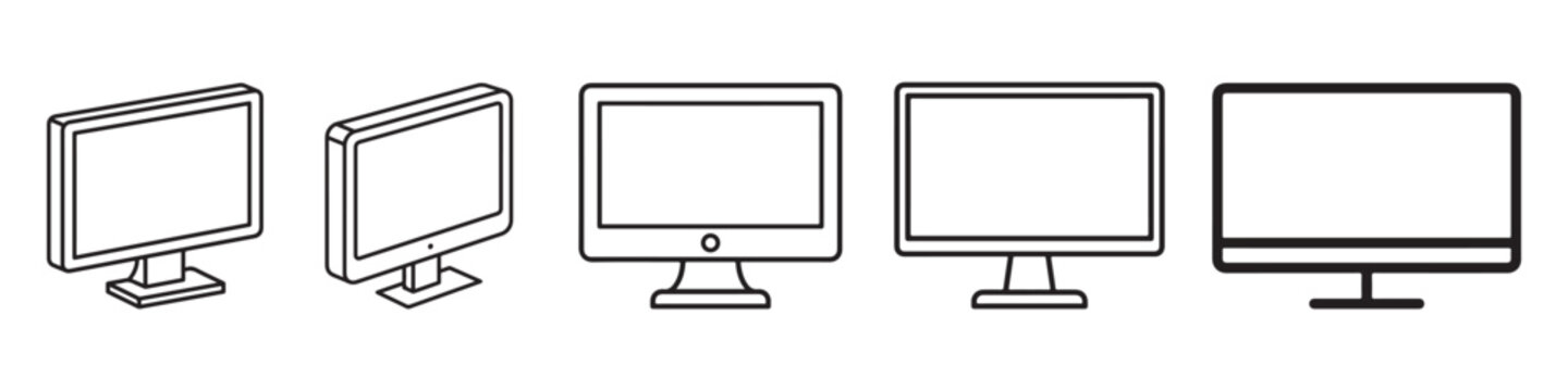 Minimalist computer monitor icon set showing different angles and line weights in a clean vector style for graphic design projects