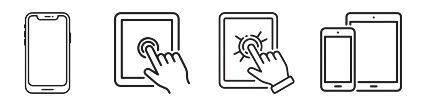 Minimalist smartphone and tablet line icon set showing touch screen hand gestures and device layouts for user interface design