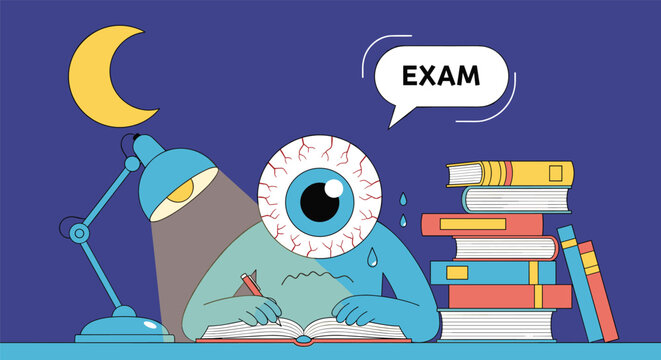 Stressed student with a giant tired eyeball head studying hard under a lamp at night for a difficult school exam.