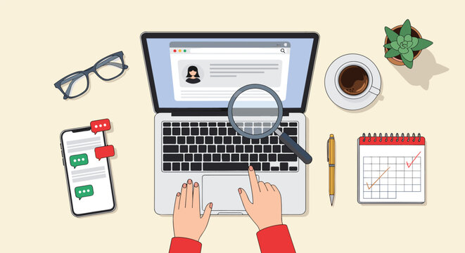 Human resources manager searching candidate profile on laptop with magnifying glass, coffee, and calendar on desk.