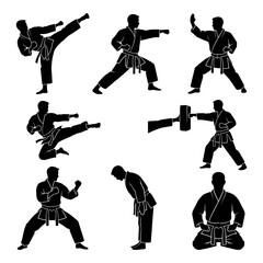 Set of silhouettes of a karate practitioner in various poses and movements. © SUBRATAKUMAR