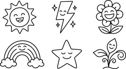Fototapeta premium Adorable hand-drawn nature and weather icons featuring smiling faces ideal for childrens apps educational content and positive branding