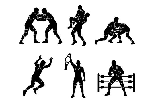 Set of black wrestling silhouettes showing various grappling techniques and victory poses.