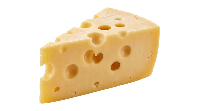 Piece of swiss cheese with large holes classic yellow dairy product for gourmet food recipes isolated on transparent background high resolution png asset.