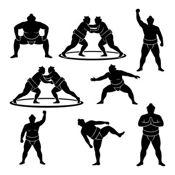 Sumo wrestling black silhouette set featuring traditional japanese martial arts poses.