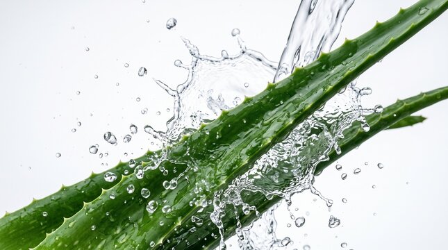Fresh aloe vera leaves being washed with splashing water isolated on white background