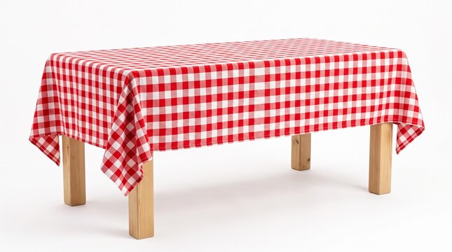 A wooden table covered with a red and white checkered tablecloth isolated on white background