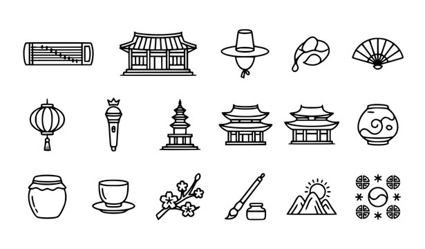 Korean Culture Outline Icons Vector Collection