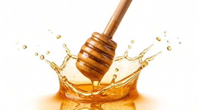 Honey dipper splashing into golden honey isolated on white background