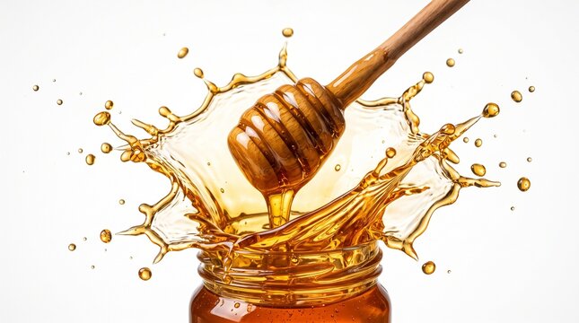 Honey dipper splashing into a jar of golden honey isolated on white background