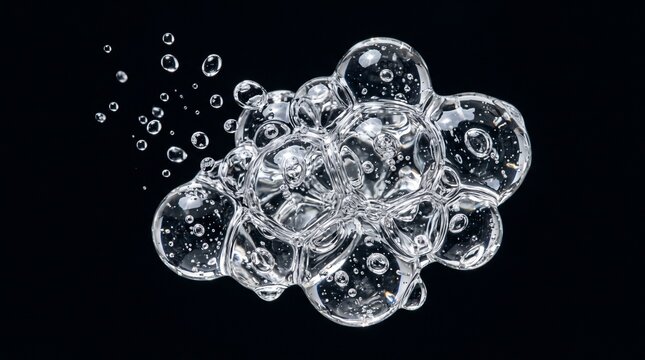 Clear transparent gel bubbles or cosmetic serum texture isolated on black background