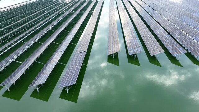 Aerial view of fishery-solar complementary photovoltaic power station on water