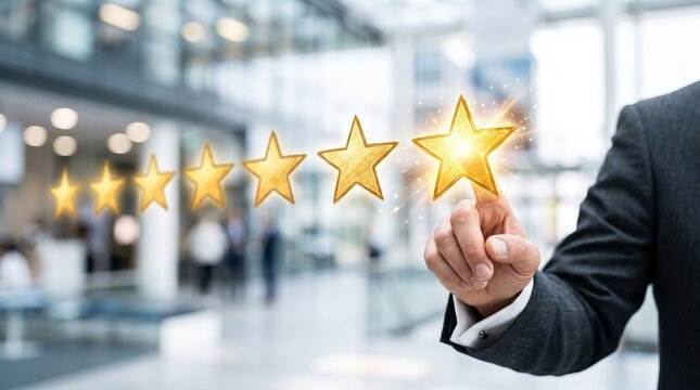 Businessman touching a glowing five star rating to represent customer satisfaction