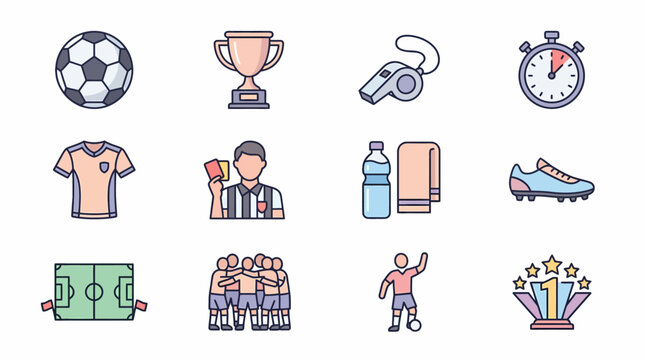 Soccer players compete in a stadium with a trophy and sports equipment
