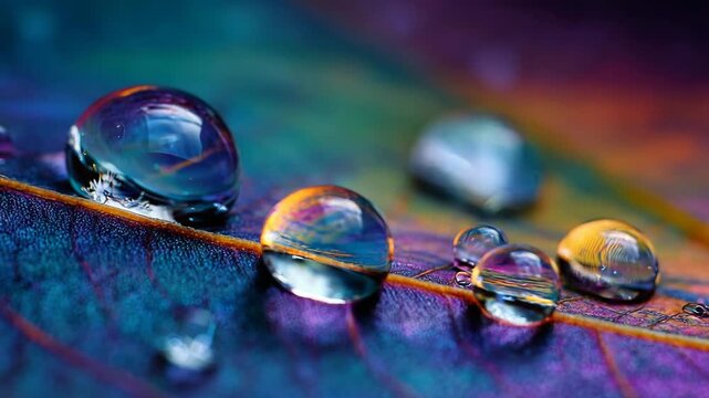 Extreme macro of water droplets on iridescent leaf surface, scientific aesthetic, crystal clarity, controlled studio lighting