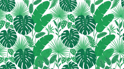 Tropical green leaves seamless pattern featuring monstera, palm, banana leaf, and fern isolated on white background for textile wallpaper design. © MdShakib