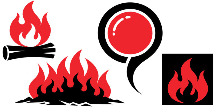 Cartoon campfire. Fire flames, bright fireball, heat wildfire and red hot bonfire, campfire, red fiery flames isolated vector illustration set. Animated form and square, fireball and flame .vector