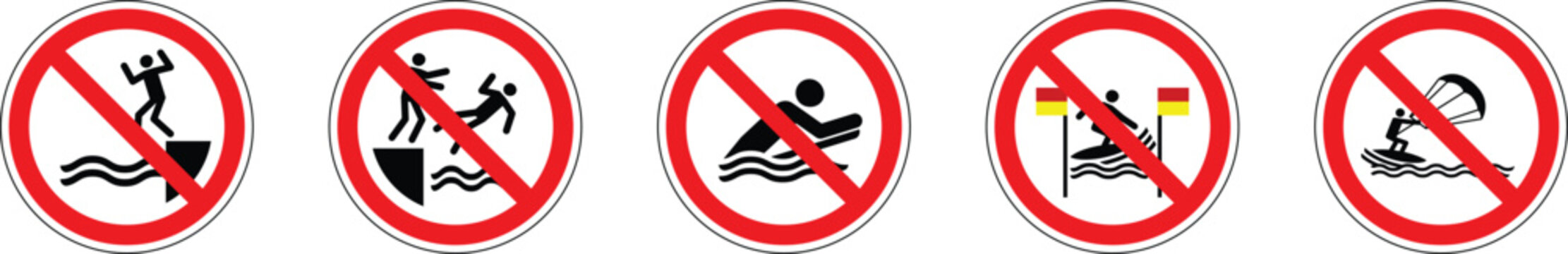 Prohibited water sports and activities icons set