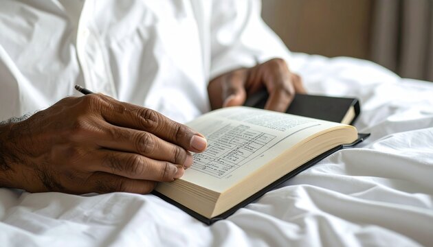 A person reading and studying in a cozy bedroom environment