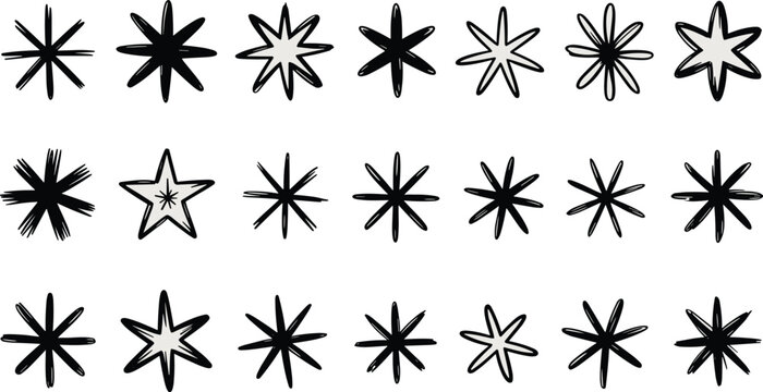 Hand drawn star shapes collection, doodle style sparkle elements and asterisk symbols for creative design projects.