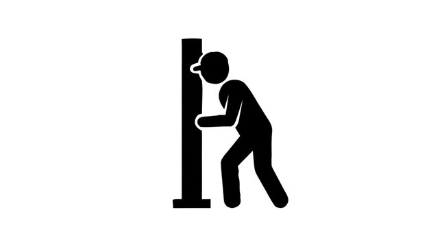 Vector black silhouette pictogram of a man banging his head against a wall, isolated on a white background.
