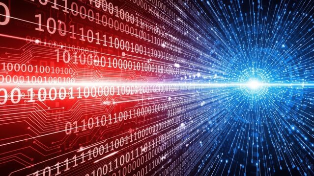 Digital binary code explosion representing advanced data technology landscape