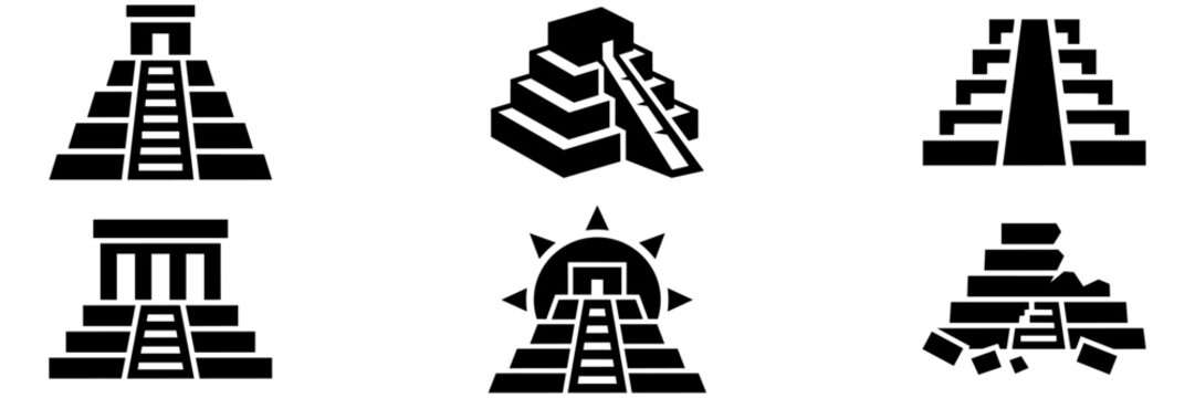 Mayan pyramid and aztec temple solid glyph icons set of ancient historical ruins