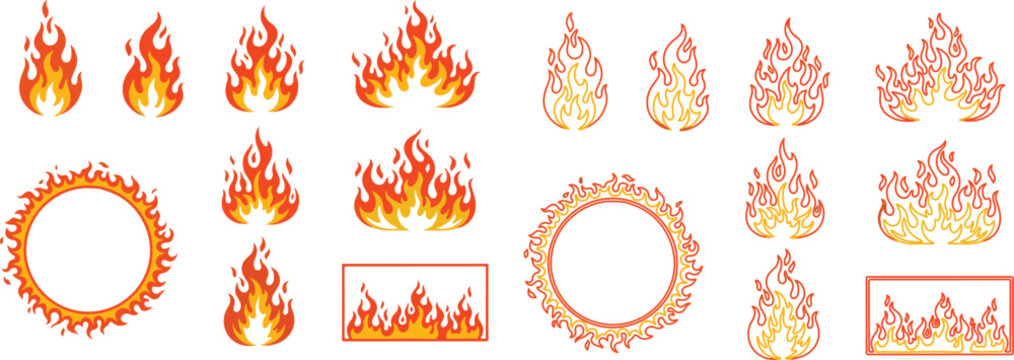Flame icons and borders for design elements  various fire flames