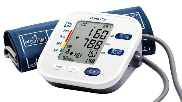 Blood pressure monitor displays digital medical readings for health tracking on a white isolated base.