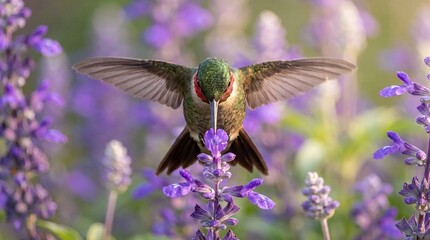Fototapeta premium A vibrant ruby-throated hummingbird hovers with wings spread wide, feeding on purple salvia flowers in a sunlit garden setting.