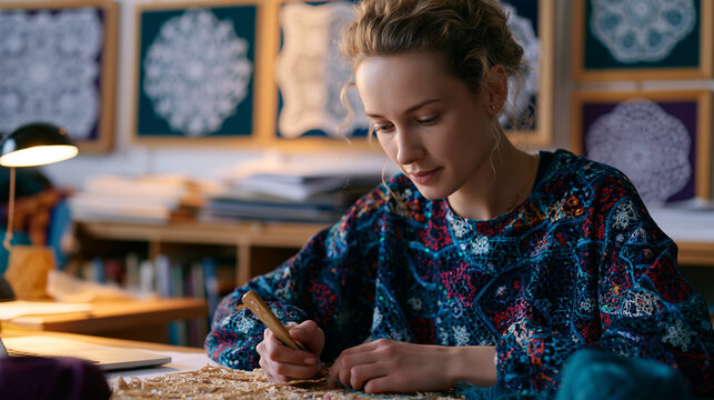 Young woman threads tatting lace shuttle through a loop of fine mercerized thread at a solitary workstation in a textile preservation library, completed doily samples framed on the wall behind her, 