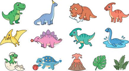 Cute baby dinosaur vector set featuring cartoon tyrannosaurus brachiosaurus triceratops pterodactyl stegosaurus volcano and tropical leaves for nursery birthday card and sticker designs © MdShakib