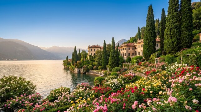 Serene Lake Como Villa Garden: A picturesque Italian villa graces the shores of a tranquil lake, surrounded by vibrant rose gardens and cypress trees under a clear blue sky.